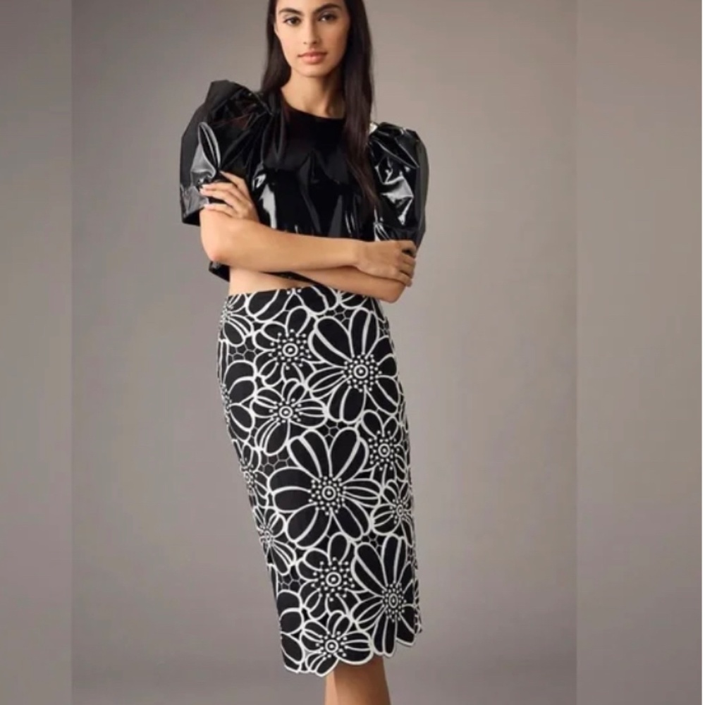 New Anthropologie Maeve Cutwork Floral Midi Skirt Mint Green, Flower cutout - Picture 3 of 3